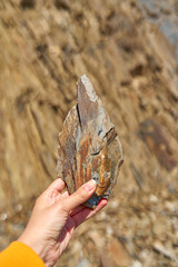 A girl is holding a rock that has fallen off a rock. The stone structure of the rock