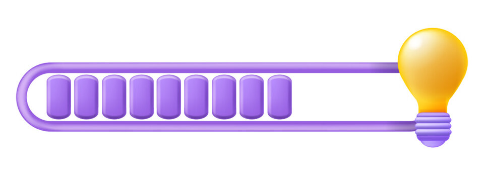 3D loading step bar icon, vector UI business idea logo, light bulb technology creative concept. Cartoon time sign, digital education process illustration startup launch. 3D loading mobile app clipart