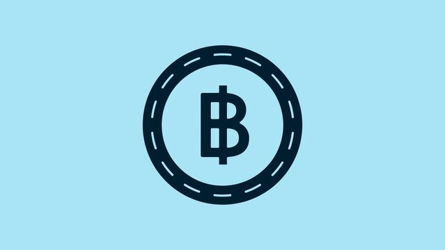 Blue Cryptocurrency coin Bitcoin icon isolated on blue background. Blockchain technology, bitcoin, digital money market, cryptocoin wallet. 4K Video motion graphic animation