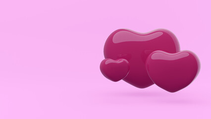 3D illustration concept of valentine on a pink background with three lovely hearts icons.