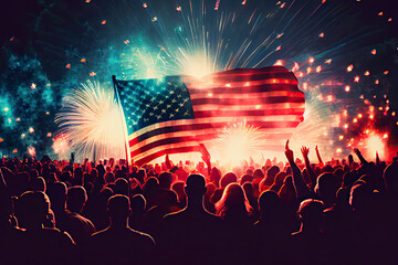 Obraz premium Crowd of people celebrating Independence Day. United States of America USA flag with fireworks background for 4th of July