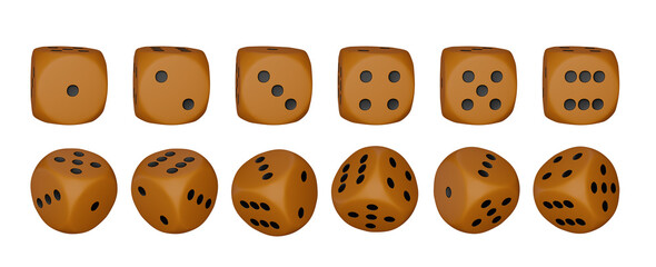 Obraz premium Casino 3D dice yellow render set on white, game rolling cube, realistic playing square with dots. Gambling craps icon kit, Vegas roulette bet assets, front side view. Game dice number collection