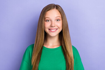 Photo of positive pretty lady beaming smile dressed comfort clothes isolated on purple color...