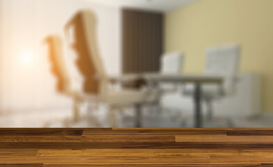 Office interior design in whire color. 3D rendering.. Sunset.. Background with empty wooden table. Flooring.