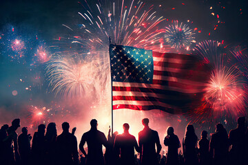 Fototapeta premium Crowd of people celebrating Independence Day. United States of America USA flag with fireworks background for 4th of July
