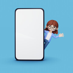 girl with glasses waving hand behind big smartphone screen 3d render, 3d illustration