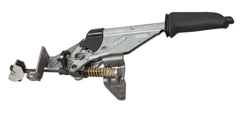 Closeup of a brake lever with a white handle with chrome elements of an expensive German auto on an isolated background in a photo studio for repairing a car's brake system in a workshop.