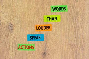 Actions speak louder words symbol. Concept words Actions speak louder than words on colored paper. Beautiful wooden background. Business new mindset for results concept. Copy space.