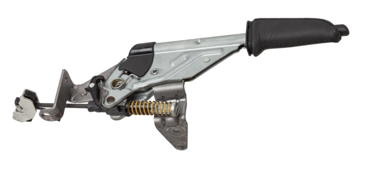 Closeup of a brake lever with a white handle with chrome elements of an expensive German auto on an isolated background in a photo studio for repairing a car's brake system in a workshop.