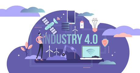 Industry 4, transparent background.0 illustration. Fourth generation revolution subset. Smart manufacturing in lights out dark factories.
