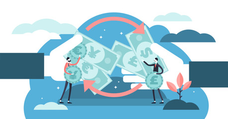 Money exchange illustration, transparent background. Flat tiny financial currency persons concept. Economical process to trade euro, dollar, pound or yen.