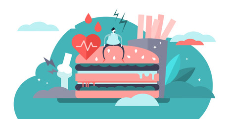 Obesity illustration, transparent background. Flat Tiny overweight problem persons concept. Fat body lifestyle and unhealthy junk eating. Weight control balance and loss of exercise.