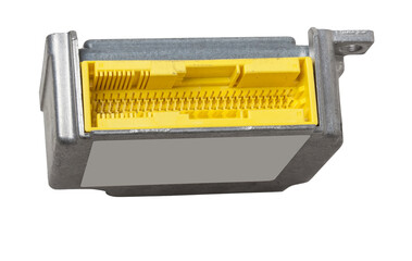 Metall car engine control unit on a white isolated background is the connecting center of various...