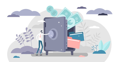 Bank safe with secured money and valuables in security flat tiny persons concept, transparent background. Financial protection with insurance and wealth savings locked in trusted place. - obrazy, fototapety, plakaty