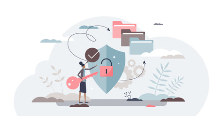 Secure access with privacy data security and protection tiny person concept, transparent background. Confidential file accessibility and cloud usage for identity hiding illustration.