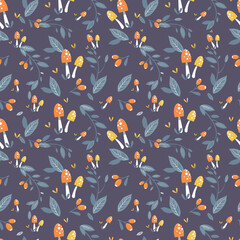 Autumn seamless pattern with mushrooms, berries and leaves. Natural fashion print
