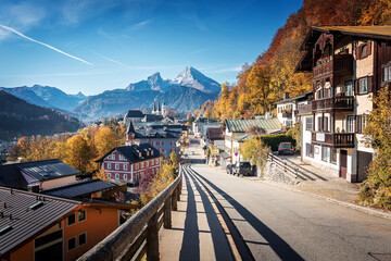 Gorgeous mountain scenery in the Bavarian Alps. Scenic image of nature landscape during sunset. Alpine village of Berchtesgaden and Watzmann massif with perfect sky. Popular travel destination