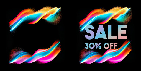 Obraz premium shop now sale savings 30 percent off sign holographic gradient over art white brush strokes acrylic paint on black background illustration. Generating Ai.