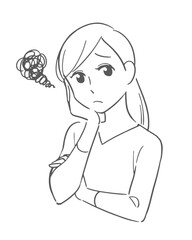 悩む・困惑する女性のイラスト素材　シンプルな線画バージョン
