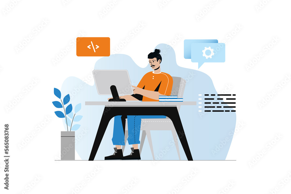Aufkleber software developer concept with people scene in the flat cartoon design. man develops an algorithm t