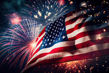 USA flag with firework background design for USA 4 july independence day - obrazy, fototapety, plakaty