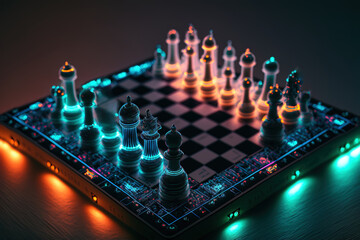 A futuristic, abstract neon chess board with dark orange and blue colors, generative ai