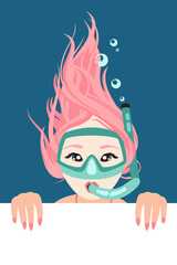 Girl in mask is snorkeling under water - obrazy, fototapety, plakaty