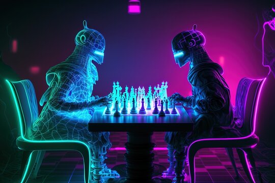 Two futuristic virtual reality intellects playing a chess game surrounded by colorful neon lights, generative ai