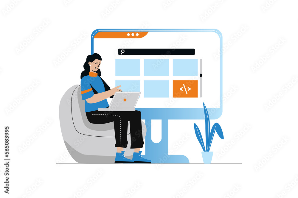 Aufkleber web development concept with people scene in the flat cartoon design. woman is engaged in updating a