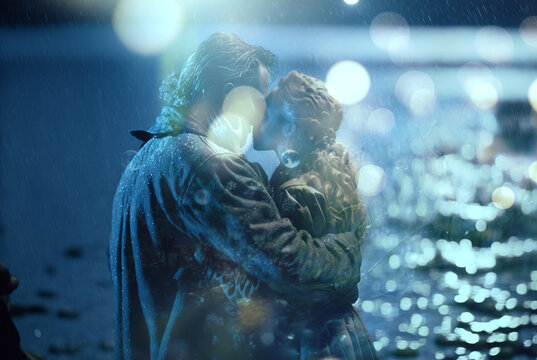 a two lovers kissing raing moon wave sea beach background on valentines'day,generative ai.