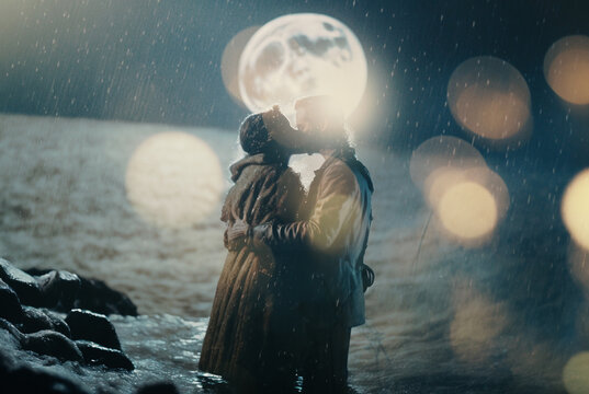 a two lovers kissing raing moon wave sea beach background on valentines'day,generative ai.