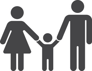 Mother and father holding hands with kid. Happy family black icon