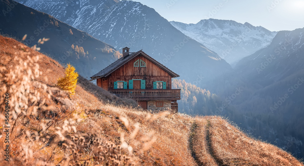 Poster Incredible nature landscape. View on green grassy meadows in fantastic evening sunlight. Rural road and hanter hut in dramatic colorful sky. Amazing nature background. Picture of wild area.