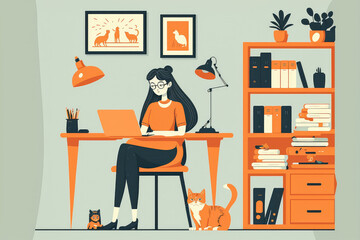 a cute girl with laptop sitting on the chair. Freelance or studying concept. Cute illustration in flat style. (ai generated)