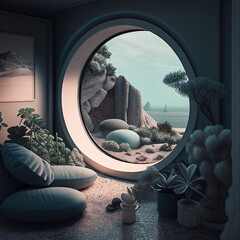 Emotional Escape Room Environments Gen Z State Of Mind Wellbeing Round Window Decompress Mental Health Safe Space Generative AI Tools Technology illustration - obrazy, fototapety, plakaty