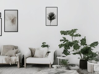  White living room design. View of modern Boho style interior