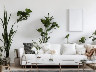  White living room design. View of modern Boho style interior