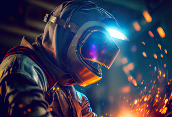Industrial worker with protective mask welding inox elements in steel structures manufacture workshop 