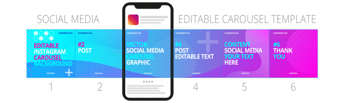 Carousel Template Post On Social Media With Cellphone / Mobile Phone. Editable Mockup
