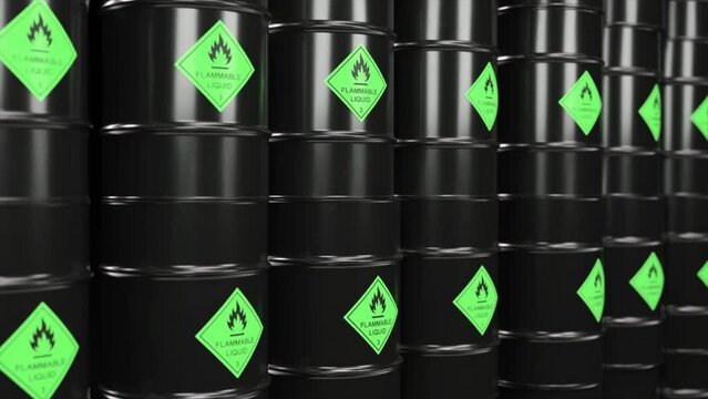A large number of barrels of flammable biological nuclear waste. Life threatening. Toxicity. 3d animation 