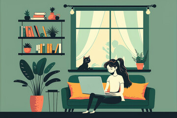 girl with laptop sitting on the chair. Freelance or studying concept. Cute illustration in flat style. (ai generated)