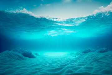 blue ocean surface seen from underwater. underwater background bottom and waves. 3D illustration. Generative AI