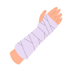Broken arm. Gypsum bandage. Medical care, treatment and rehabilitation. Help with trauma. Flat vector illustration isolated on white background