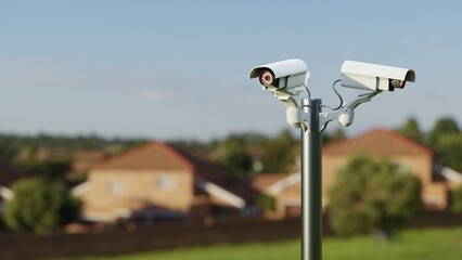 Surveillance cameras in a public space of a residential neighborhood. Digital 3D rendering.