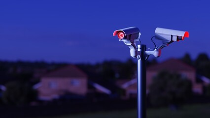 Surveillance cameras in a public space of a residential neighborhood at night. Digital 3D rendering.