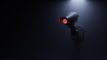 Surveillance camera glowing in the dark. Ominous mood scene with negative space. Digital 3D...