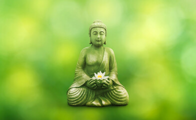 buddha statue with lotus in abstract springtime garden, green wallpaper decor with asian spirit
