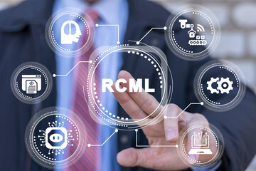 Fototapeta na wymiar RCML Robot Control Meta Language Technology concept. Businessman using virtual touchscreen presses abbreviation: RCML.