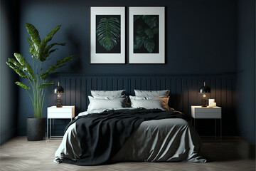 dark bed and mockup dark blue wall in bedroom interior
