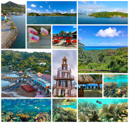 Collage about Roatan, Honduras - Top view of port and town center of Coxen hole, view of island and...